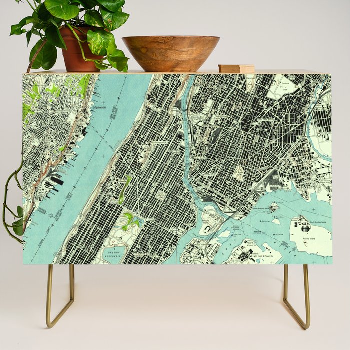 Vintage Central Park & Bronx NY Map (1947) Credenza Gallery Image 1