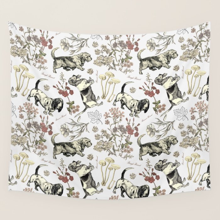 BASSET HOUNDS and MAGICAL MUSCHROOMS  Wall Tapestry Gallery Image 1