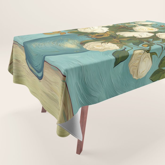 White Roses in Blue Vase Tablecloth Gallery Image 1