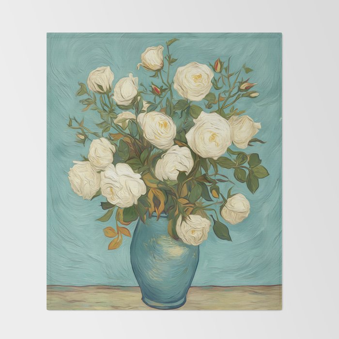 White Roses in Blue Vase Throw Blanket Gallery Image 2