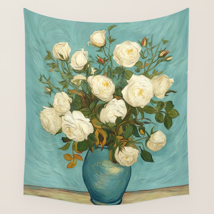 White Roses in Blue Vase Wall Tapestry Gallery Image 4