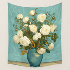 White Roses in Blue Vase Wall Tapestry Gallery Image 4