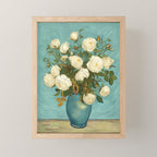 White Roses in Blue Vase Mini Art Print Gallery Image 1