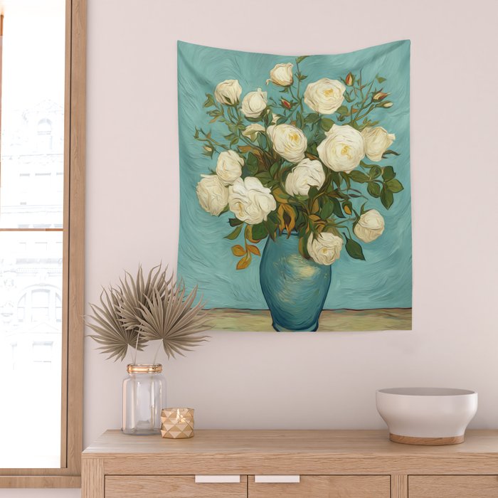 White Roses in Blue Vase Wall Tapestry Gallery Image 2