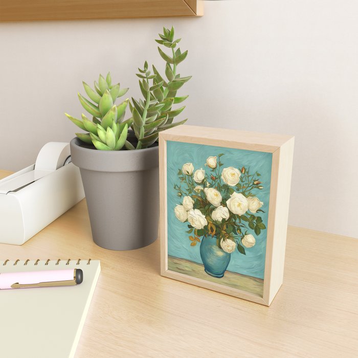 White Roses in Blue Vase Mini Art Print Gallery Image 2
