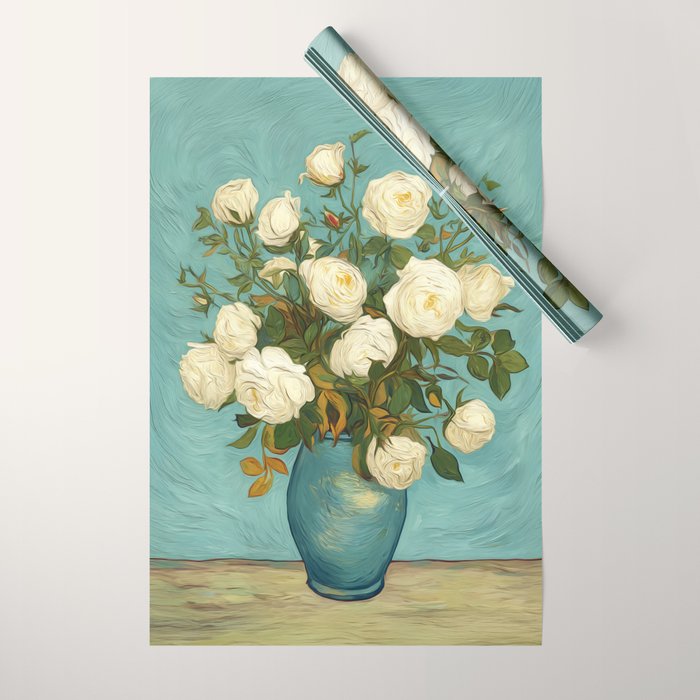 White Roses in Blue Vase Wrapping Paper Gallery Image 1