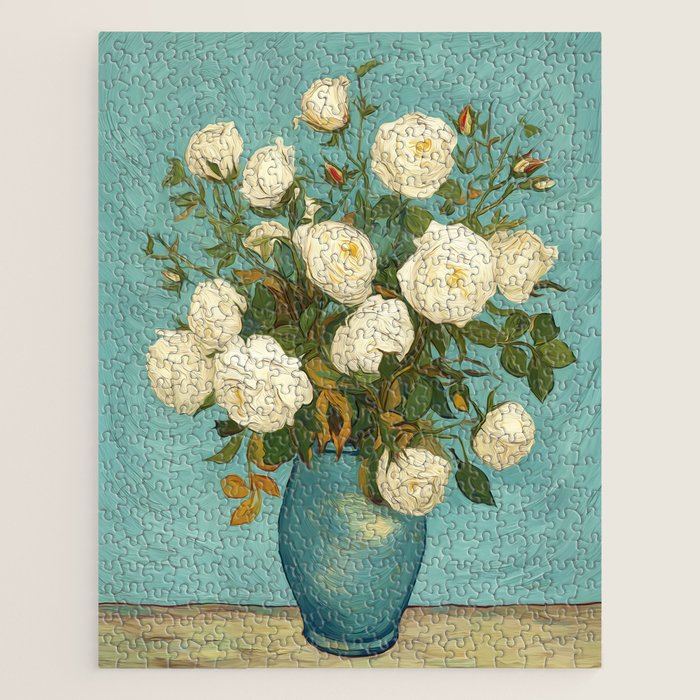 White Roses in Blue Vase Jigsaw Puzzle Gallery Image 1