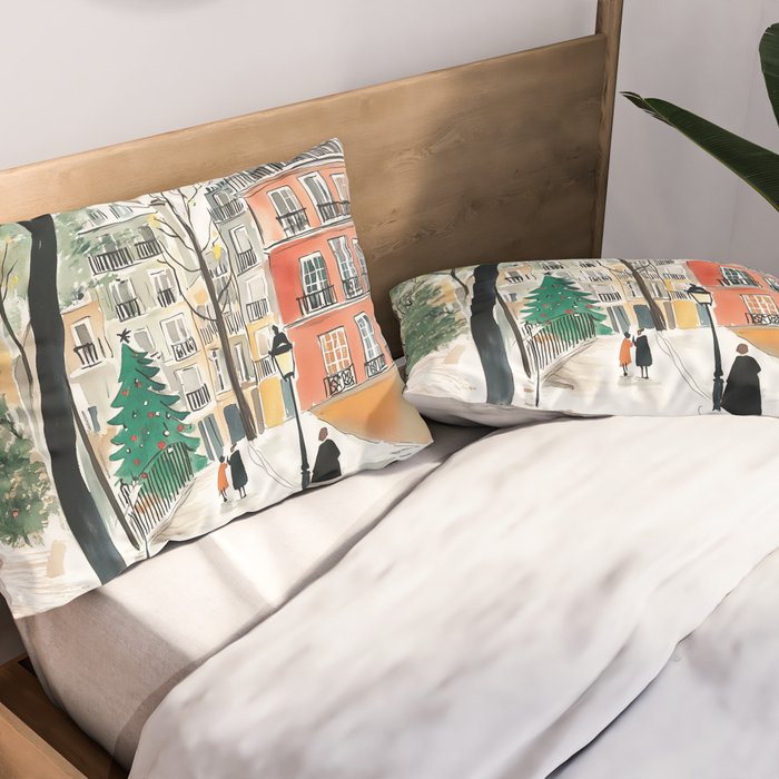 Parisian Christmas Street Scene Pillow Sham Gallery Image 2