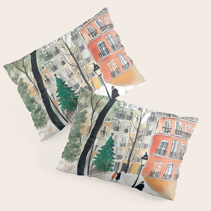 Parisian Christmas Street Scene Pillow Sham Gallery Image 1