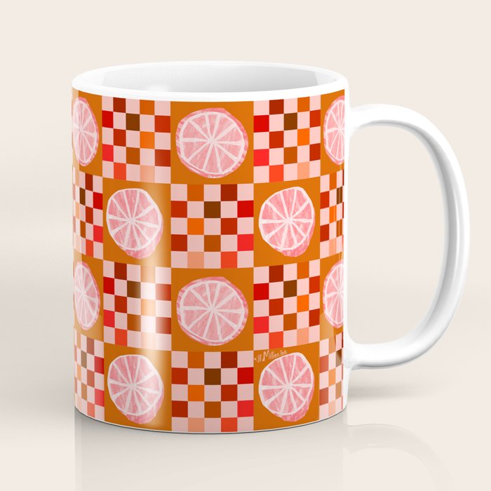 Checkered Sliced Citrus Fruit in Red & Peach Pink Coffee Mug Gallery Image 1