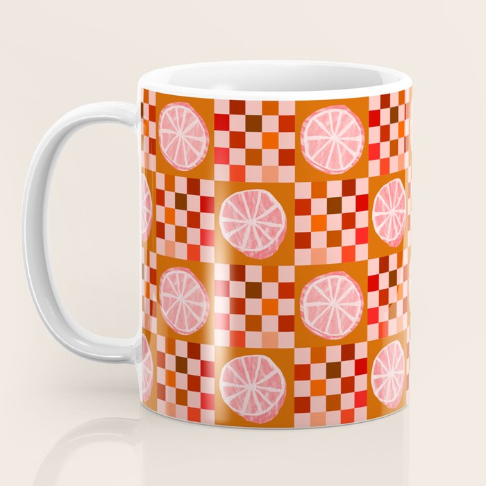 Checkered Sliced Citrus Fruit in Red & Peach Pink Coffee Mug Gallery Image 3