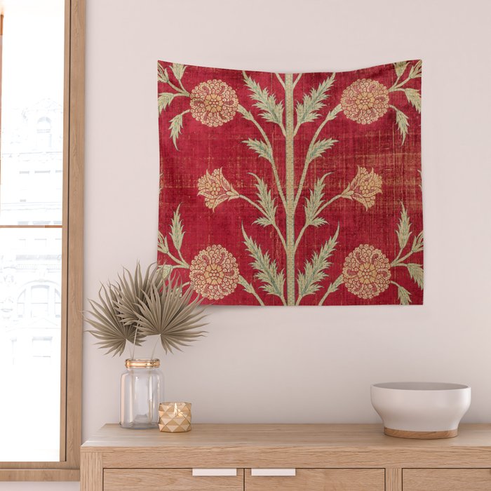Vintage Distressed Red Floral Wall Tapestry Gallery Image 2