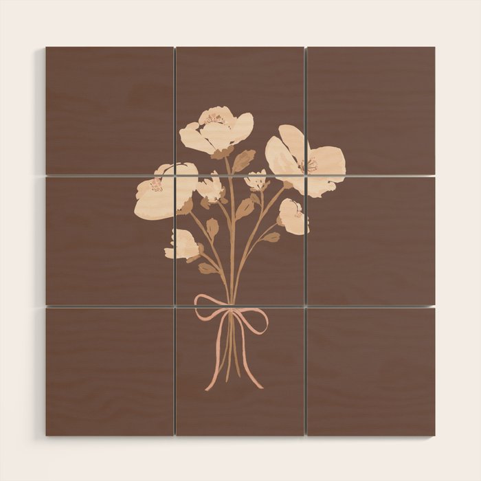 Delicate bouquet of flowers with bow - Peach and mocha copper Wood Wall Art Gallery Image 1