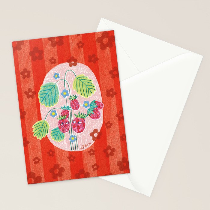 Sweet Strawberry Plant Friends in Red & Pink Stationery Card Gallery Image 2