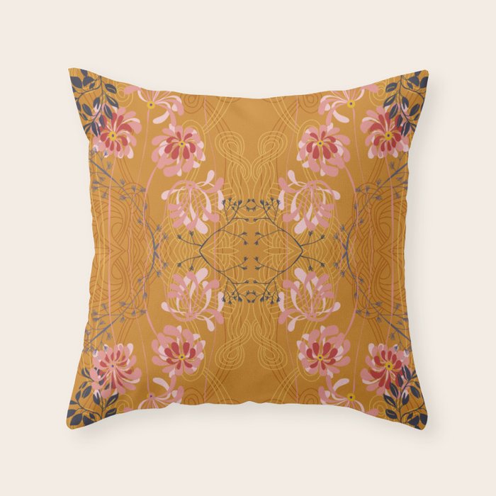 Art Nouveau floral pattern with lines - Honey Throw Pillow Gallery Image 1