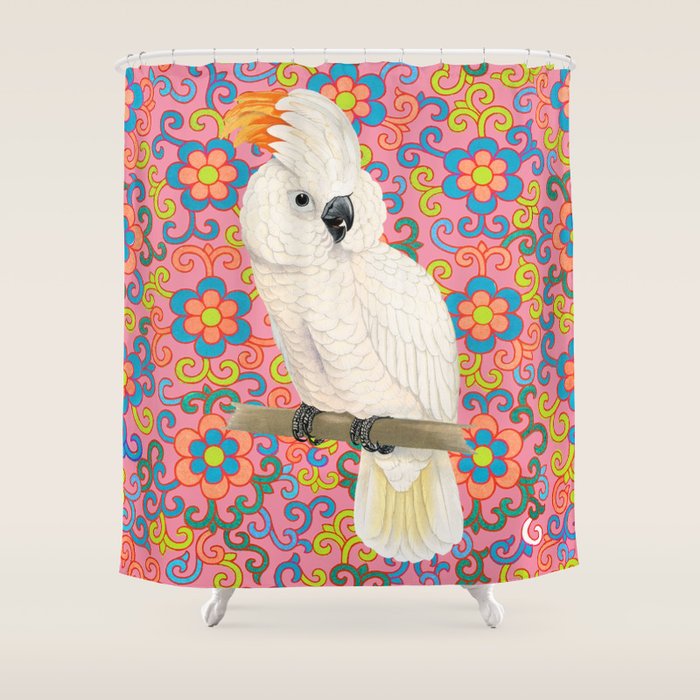 Funky Vintage Cockatoo on Retro Dopamine Floral Pattern Shower Curtain Gallery Image 1