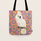 Funky Vintage Cockatoo on Retro Dopamine Floral Pattern Tote Bag Gallery Image 1