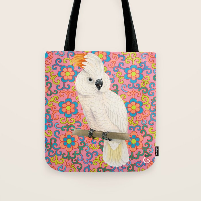 Funky Vintage Cockatoo on Retro Dopamine Floral Pattern Tote Bag Gallery Image 1