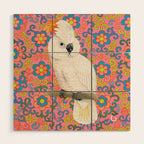 Funky Vintage Cockatoo on Retro Dopamine Floral Pattern Wood Wall Art Gallery Image 1