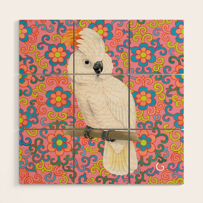 Funky Vintage Cockatoo on Retro Dopamine Floral Pattern Wood Wall Art Gallery Image 1