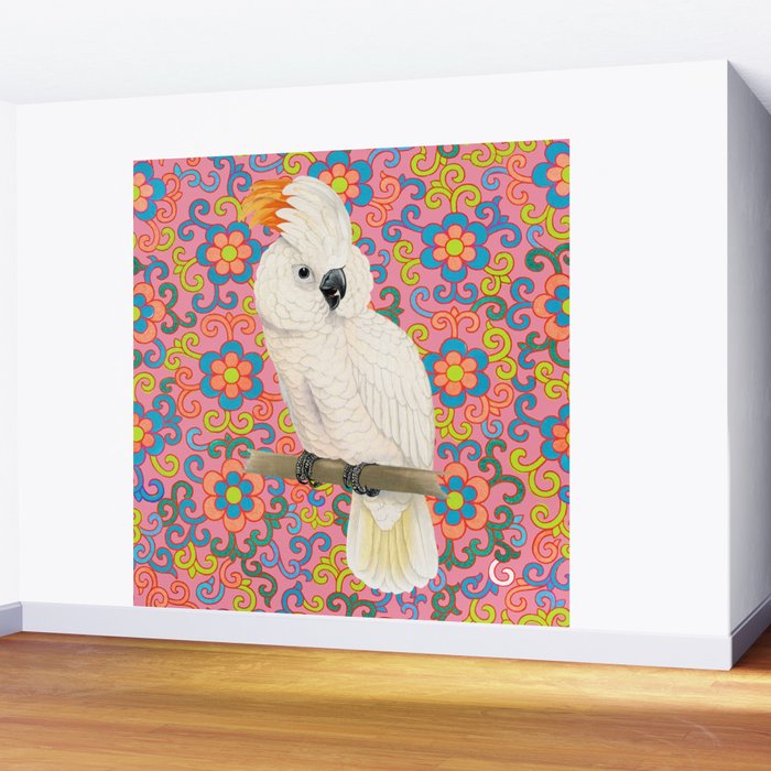 Funky Vintage Cockatoo on Retro Dopamine Floral Pattern Wall Mural Gallery Image 2