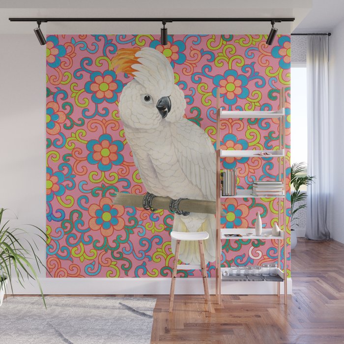 Funky Vintage Cockatoo on Retro Dopamine Floral Pattern Wall Mural Gallery Image 1