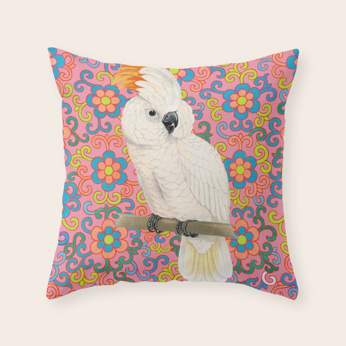 Funky Vintage Cockatoo on Retro Dopamine Floral Pattern Throw Pillow Gallery Image 1