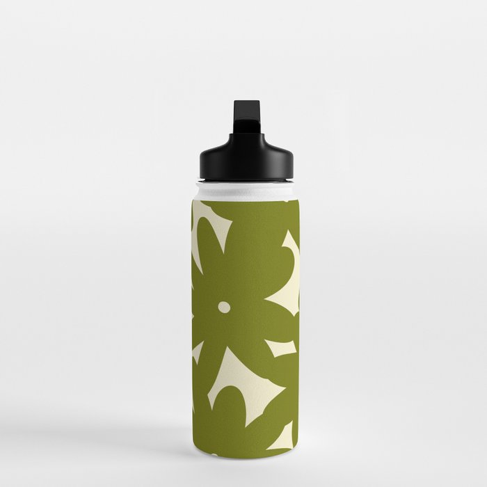 Retro 70s Bold Flowers Pattern Green Water Bottle Gallery Image 3