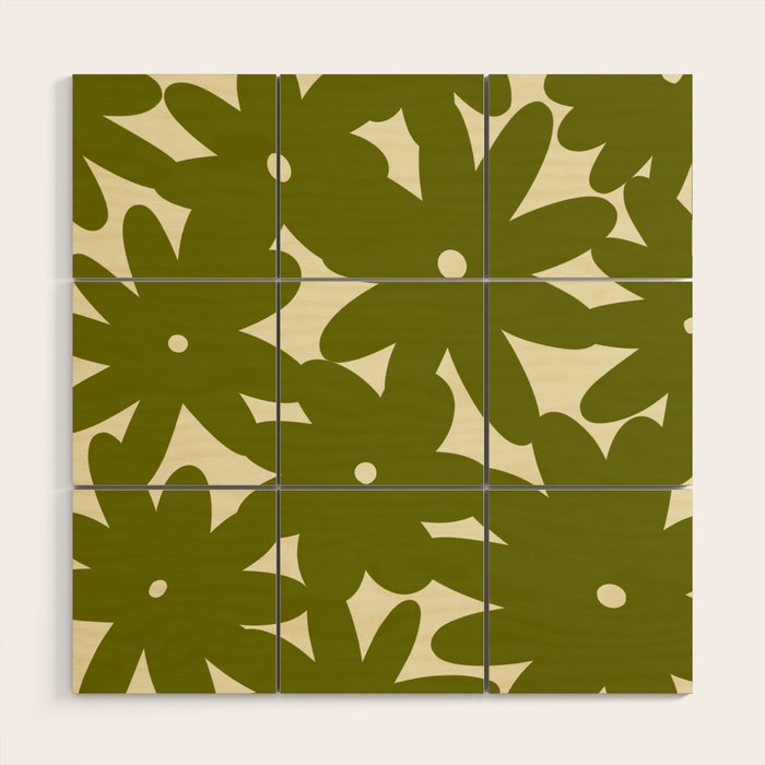 Retro 70s Bold Flowers Pattern Green Wood Wall Art Gallery Image 1