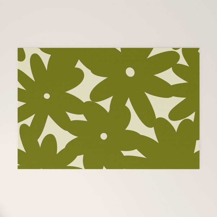 Retro 70s Bold Flowers Pattern Green Welcome Mat Gallery Image 1