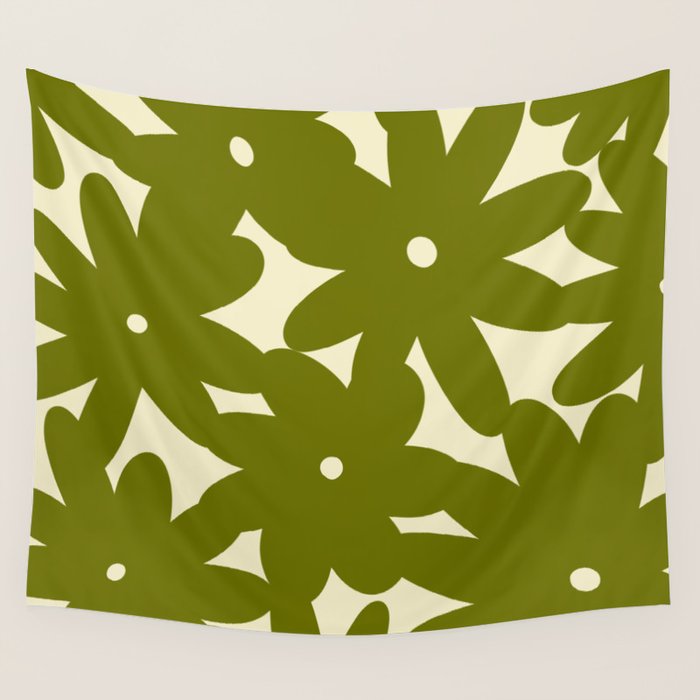 Retro 70s Bold Flowers Pattern Green Wall Tapestry Gallery Image 4