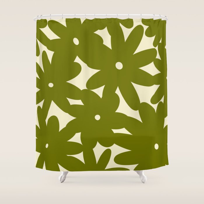 Retro 70s Bold Flowers Pattern Green Shower Curtain Gallery Image 1