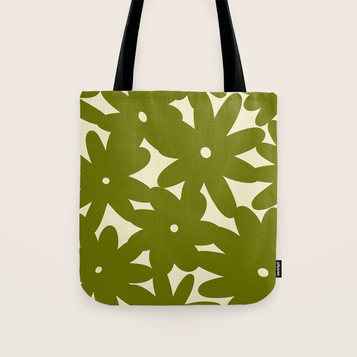 Retro 70s Bold Flowers Pattern Green Tote Bag Gallery Image 1