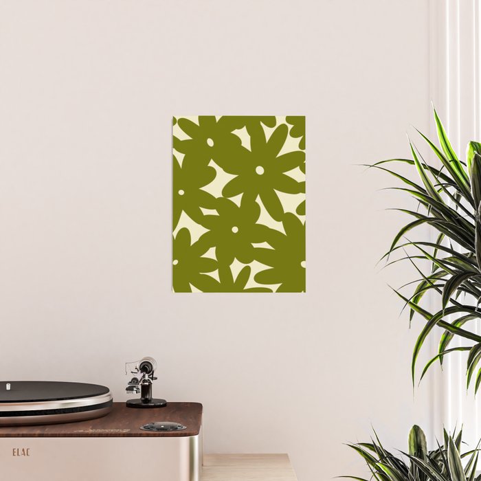 Retro 70s Bold Flowers Pattern Green Poster Gallery Image 2