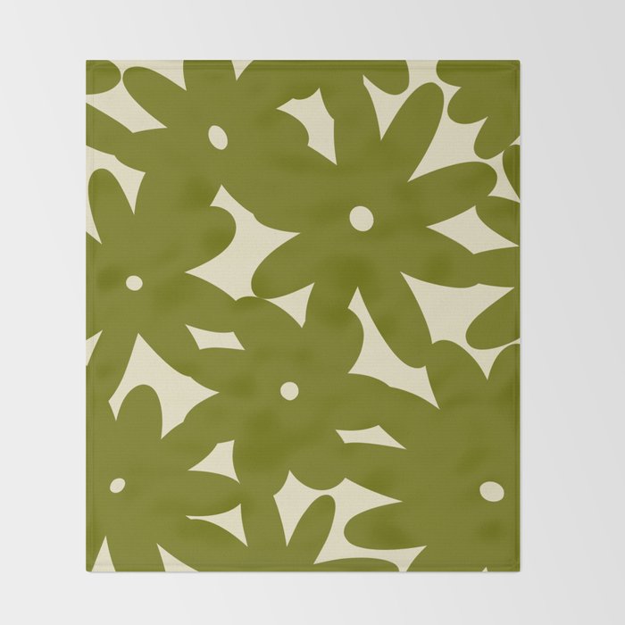 Retro 70s Bold Flowers Pattern Green Throw Blanket Gallery Image 2
