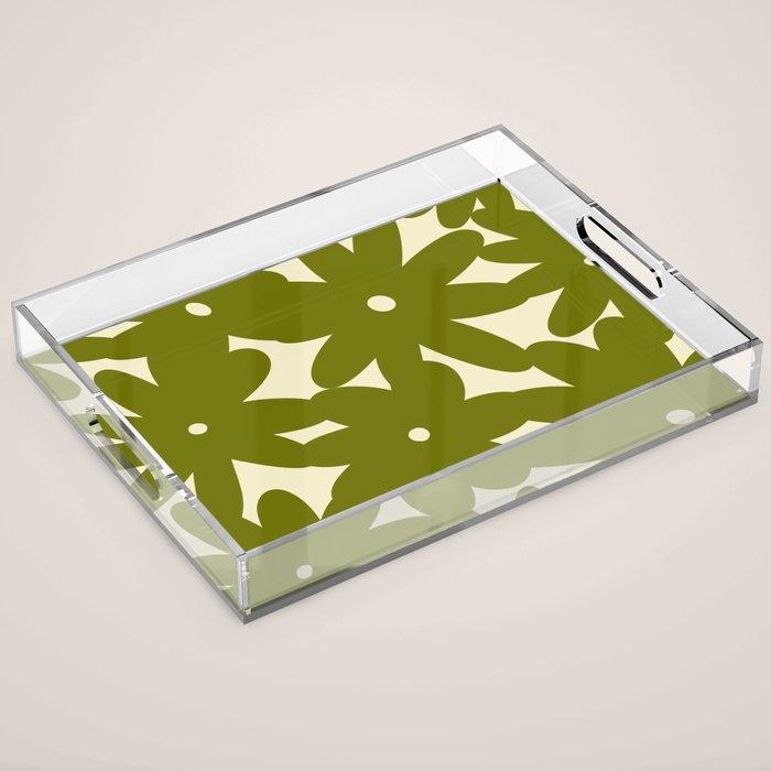 Retro 70s Bold Flowers Pattern Green Acrylic Tray Gallery Image 1