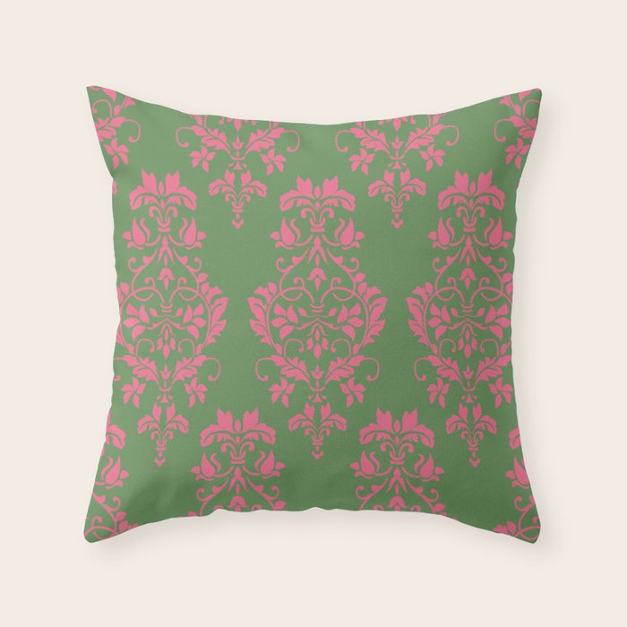 Victorian Pink Green Damask Pattern Throw Pillow Gallery Image 6