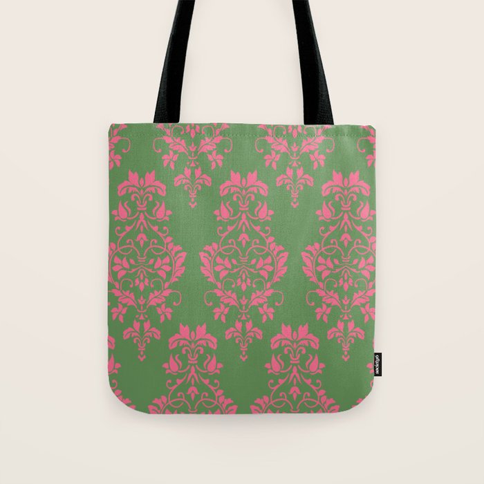 Victorian Pink Green Damask Pattern Tote Bag Gallery Image 1