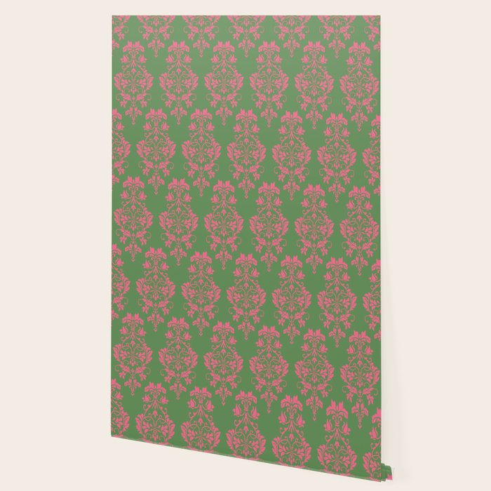 Victorian Pink Green Damask Pattern Wallpaper Gallery Image 2
