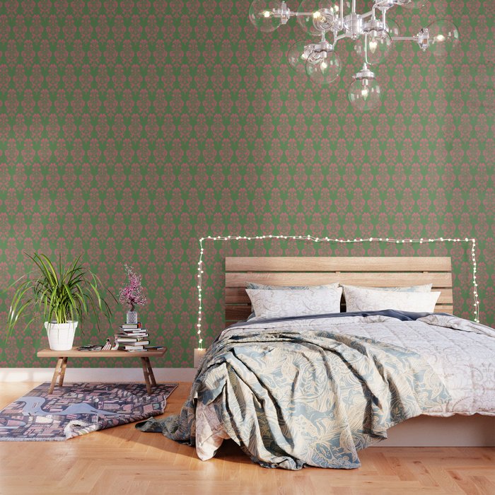 Victorian Pink Green Damask Pattern Wallpaper Gallery Image 1