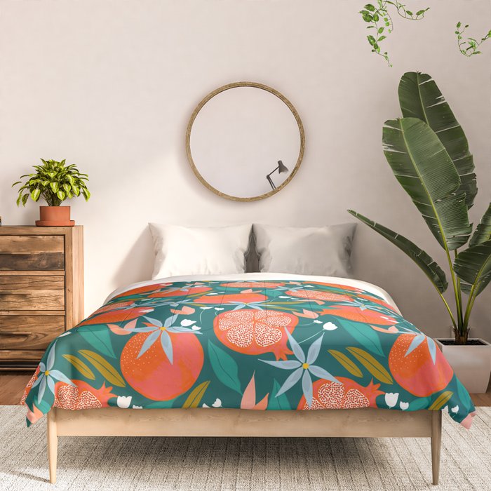 Summer Pomegranate, Tropical Fruit Illustration, Colorful Eclectic Bohemian Juicy Summer Botanical Comforter Gallery Image 3