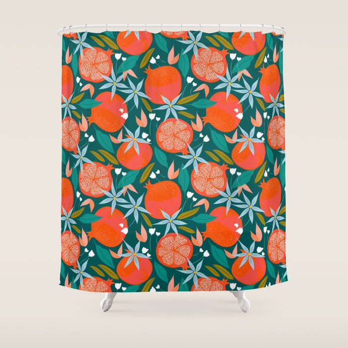 Summer Pomegranate, Tropical Fruit Illustration, Colorful Eclectic Bohemian Juicy Summer Botanical Shower Curtain Gallery Image 1