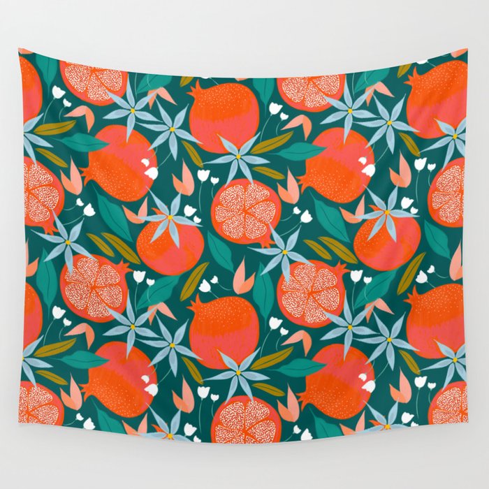 Summer Pomegranate, Tropical Fruit Illustration, Colorful Eclectic Bohemian Juicy Summer Botanical Wall Tapestry Gallery Image 1