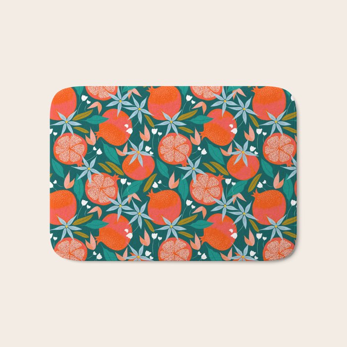 Summer Pomegranate, Tropical Fruit Illustration, Colorful Eclectic Bohemian Juicy Summer Botanical Bath Mat Gallery Image 1