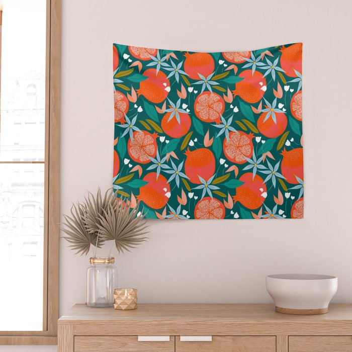 Summer Pomegranate, Tropical Fruit Illustration, Colorful Eclectic Bohemian Juicy Summer Botanical Wall Tapestry Gallery Image 2