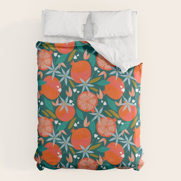 Summer Pomegranate, Tropical Fruit Illustration, Colorful Eclectic Bohemian Juicy Summer Botanical Duvet Cover Gallery Image 1