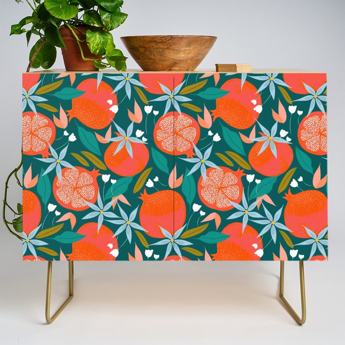 Summer Pomegranate, Tropical Fruit Illustration, Colorful Eclectic Bohemian Juicy Summer Botanical Credenza Gallery Image 1