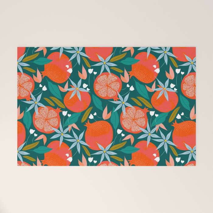 Summer Pomegranate, Tropical Fruit Illustration, Colorful Eclectic Bohemian Juicy Summer Botanical Welcome Mat Gallery Image 1