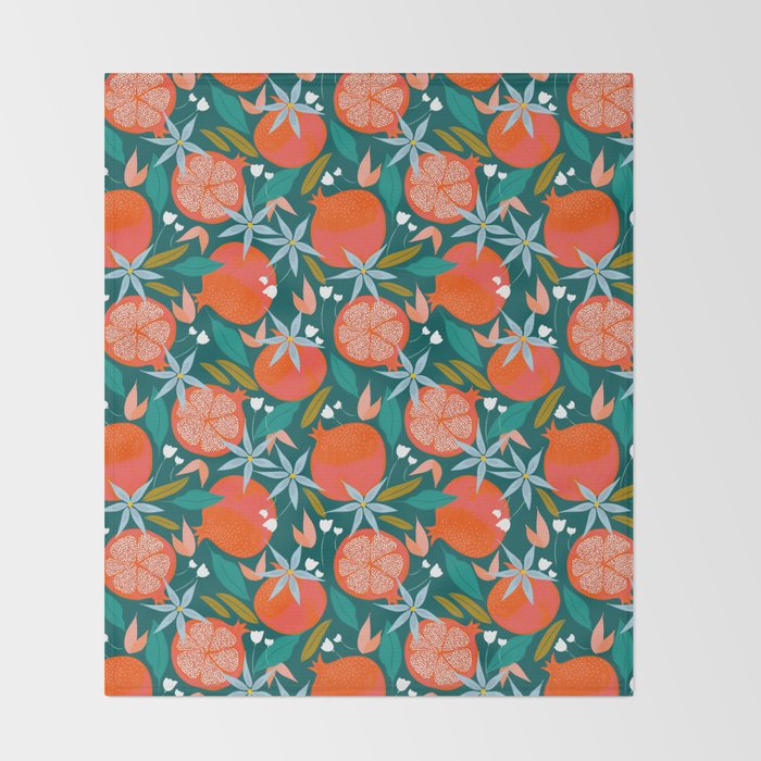 Summer Pomegranate, Tropical Fruit Illustration, Colorful Eclectic Bohemian Juicy Summer Botanical Throw Blanket Gallery Image 2