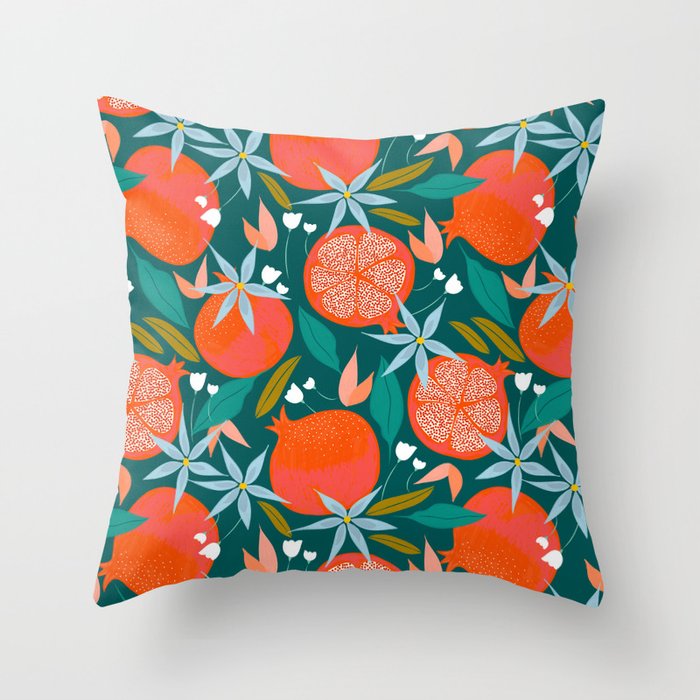 Summer Pomegranate, Tropical Fruit Illustration, Colorful Eclectic Bohemian Juicy Summer Botanical Throw Pillow Gallery Image 1